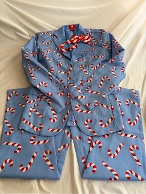 Dec 35 Men's Blue Christmas Suit Candy Cane Print Jacket Pants & Bow Tie Size XS